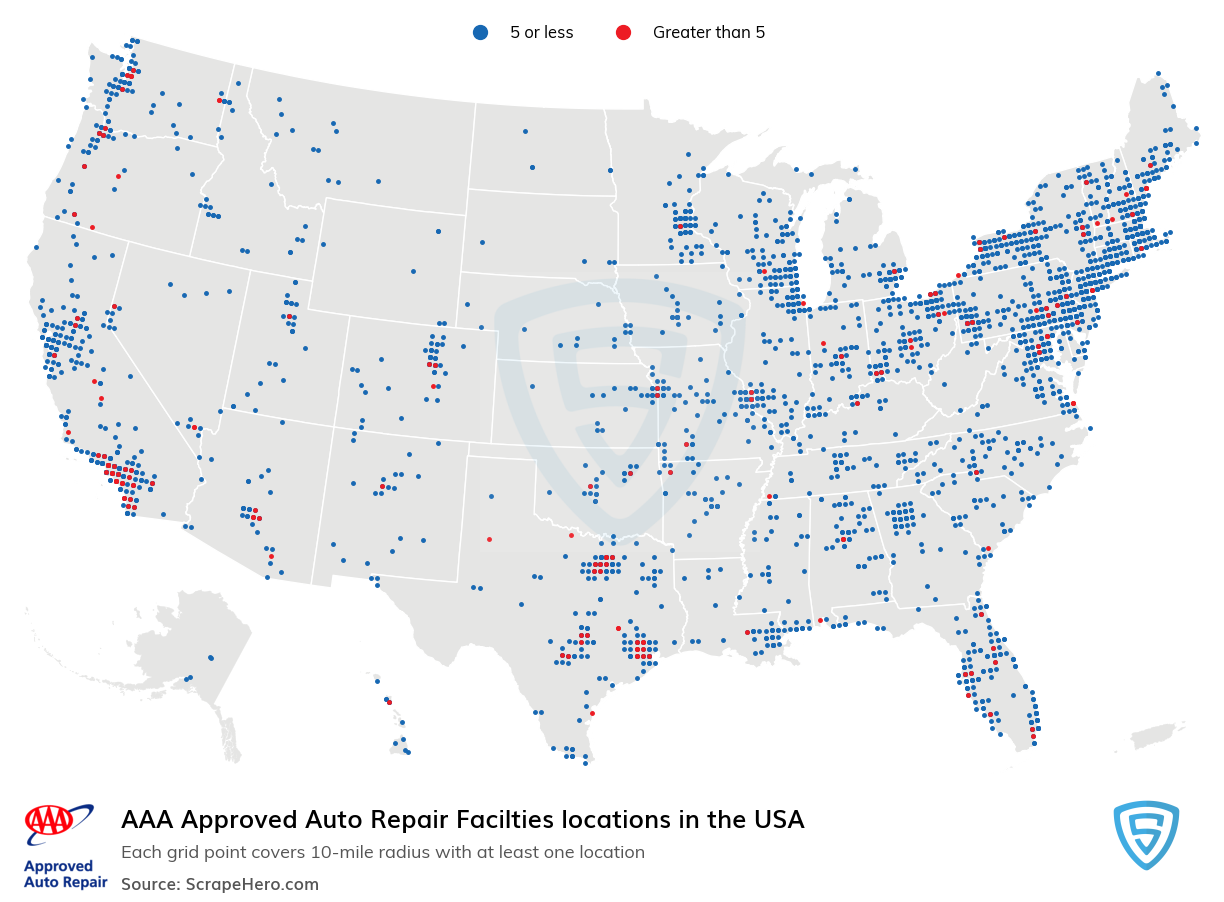 Map of AAA Approved Auto Repair Facilties locations in the United States