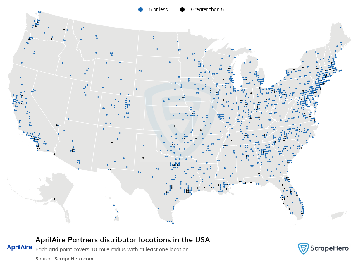 Map of AprilAire Partners distributors in the United States