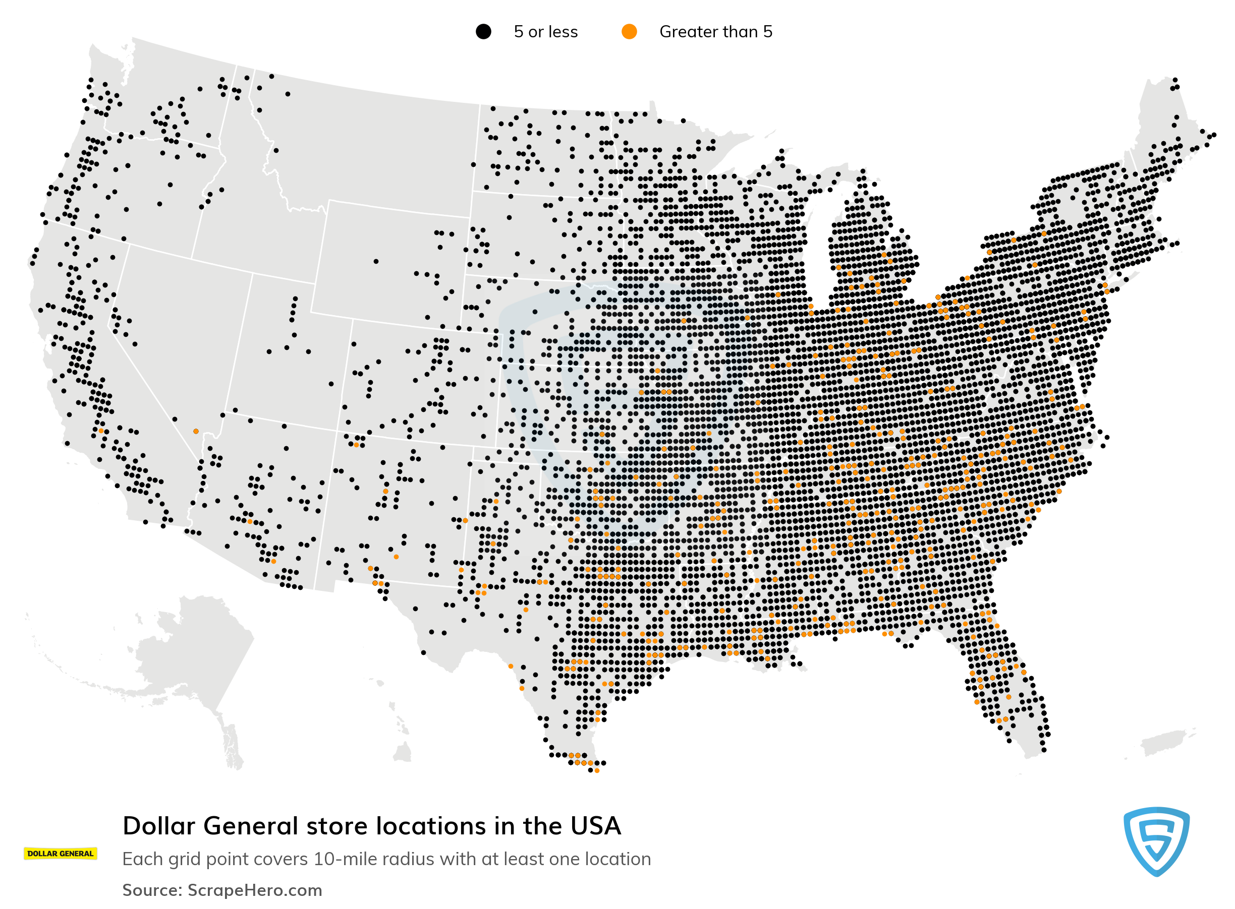 Number of Dollar General locations in the USA in 2022 ScrapeHero (2023)