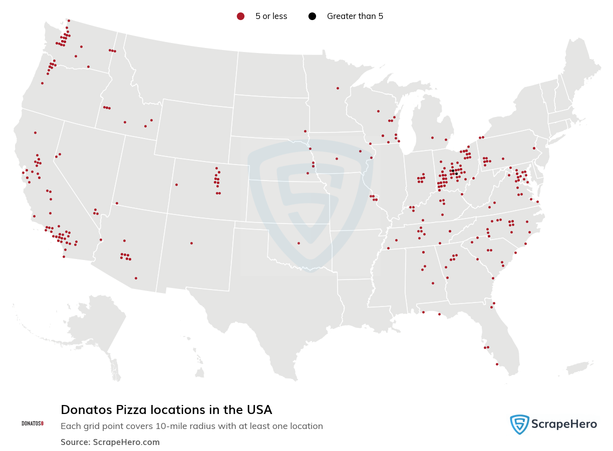 Map of Donatos Pizza locations in the United States