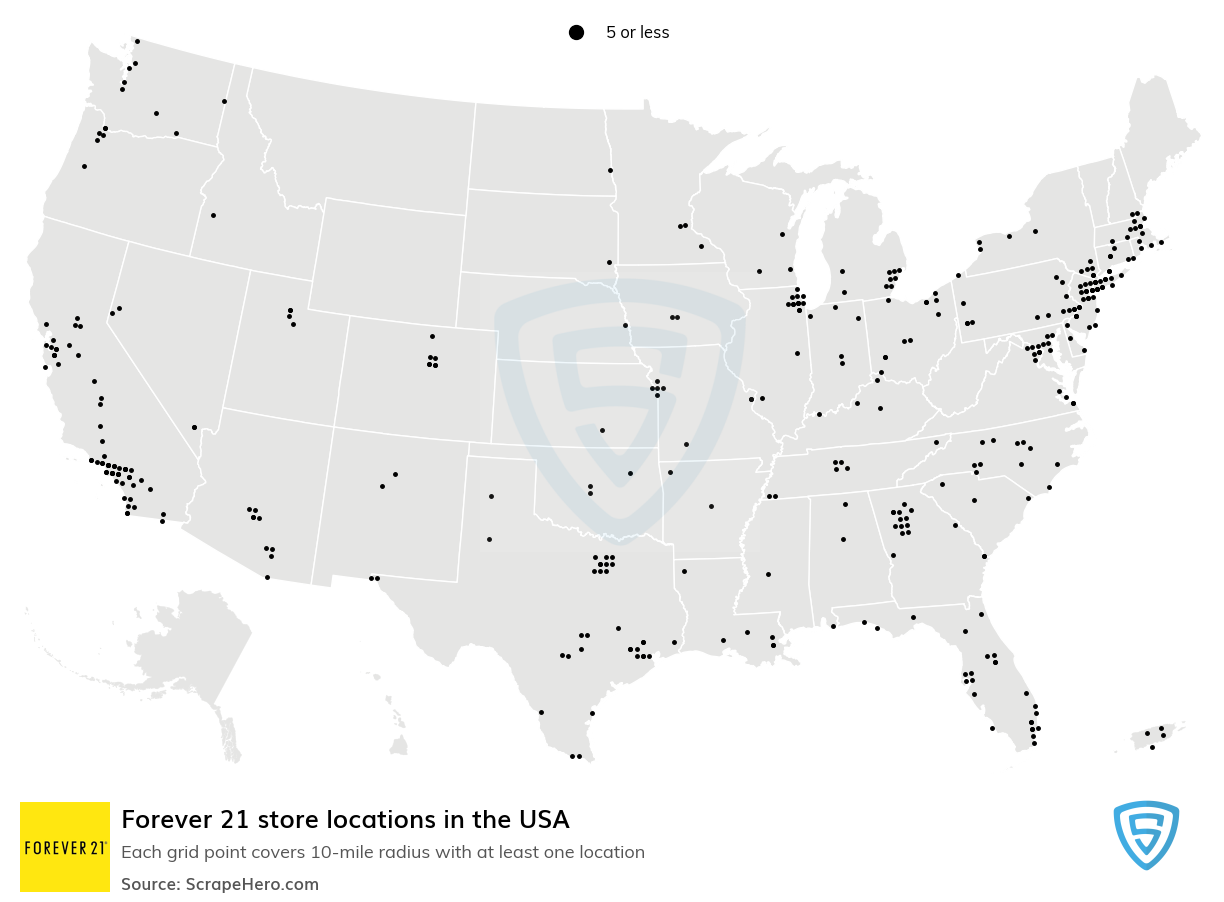Number of Forever 21 locations in the USA in 2023 ScrapeHero