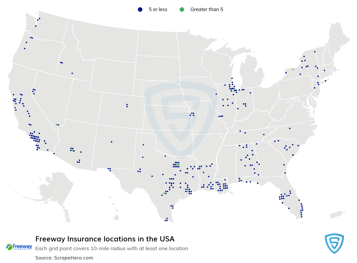 Map of Freeway Insurance locations in the United States