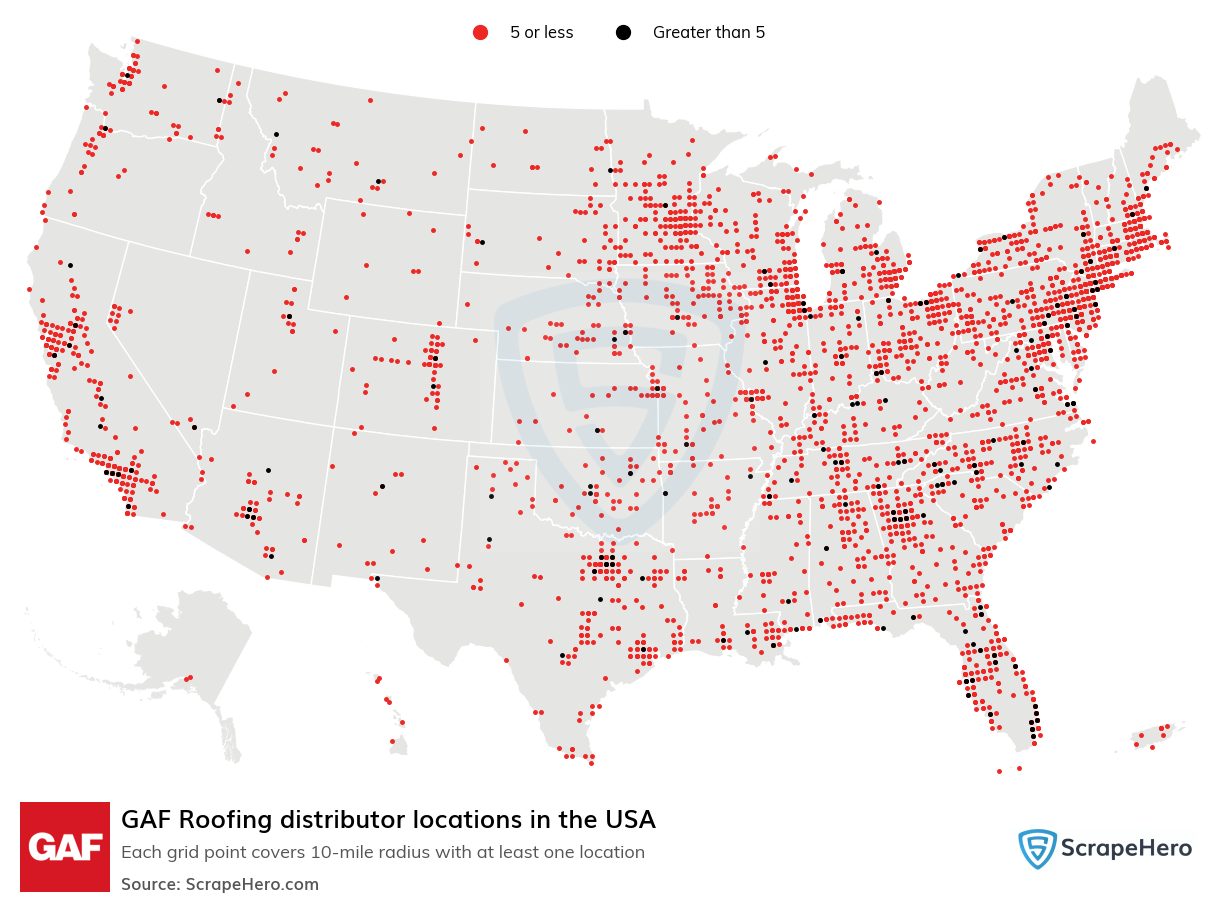 Map of GAF Roofing distributors in the United States