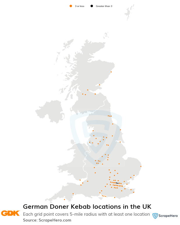 Map of German Doner Kebab locations in the United Kingdom