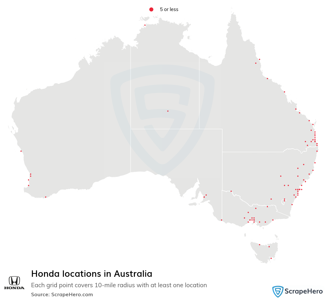 Map of Honda locations in Australia