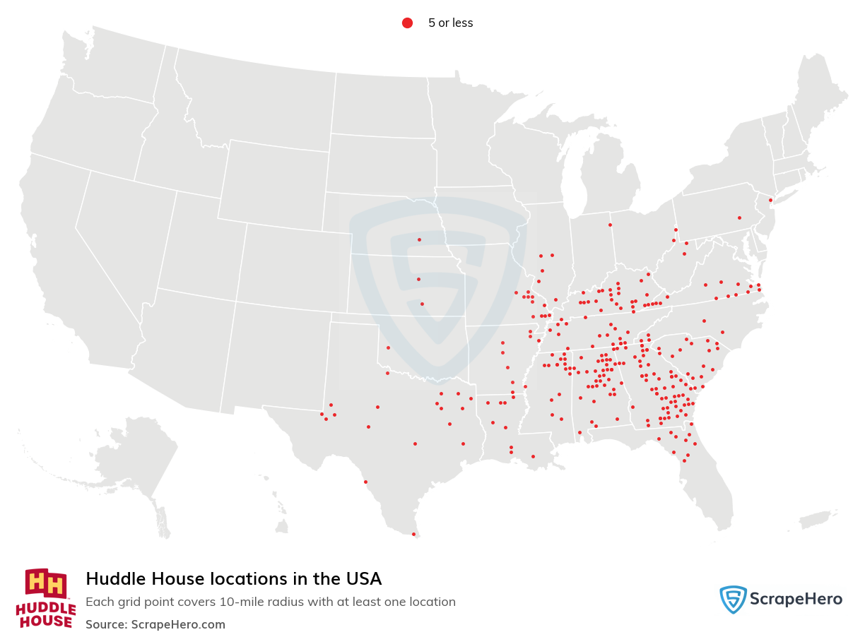 Map of Huddle House locations in the United States