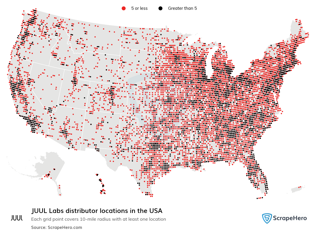 Map of JUUL Labs distributors in the United States