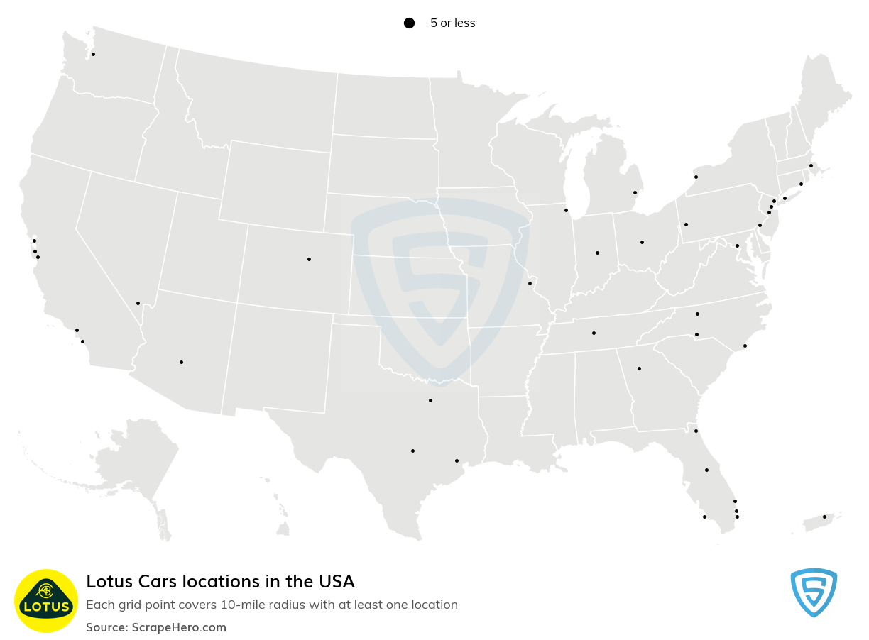 Map of Lotus Cars locations in the United States