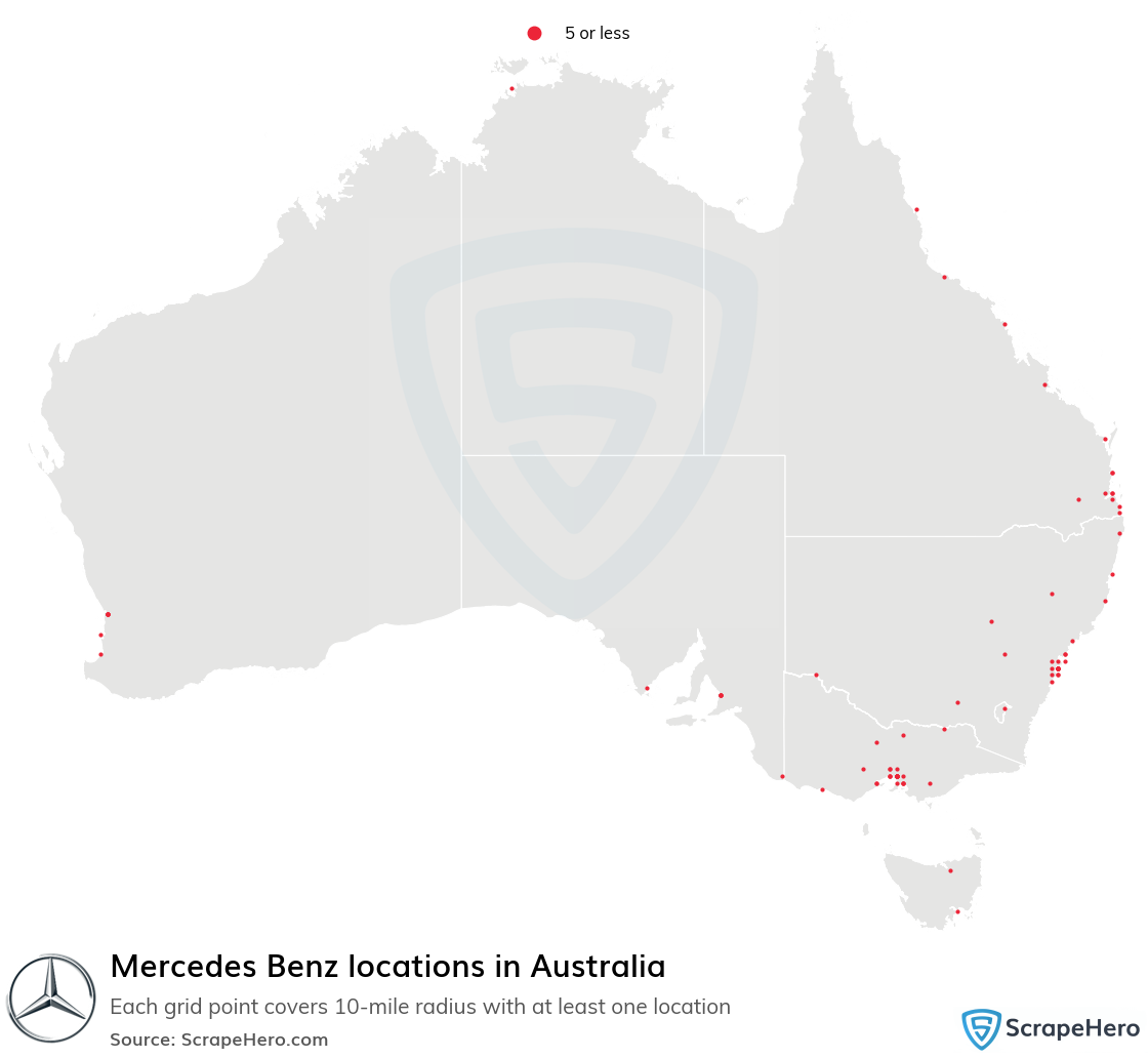 Map of Mercedes Benz locations in Australia