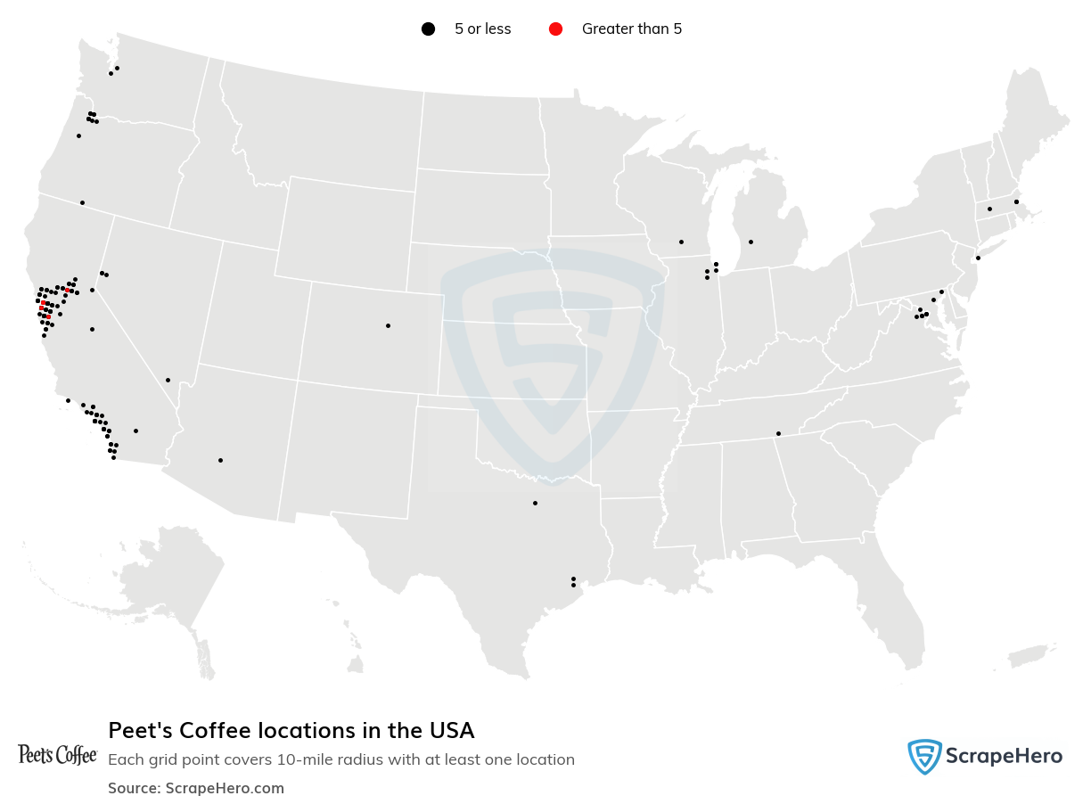 Map of Peets Coffee locations in the United States