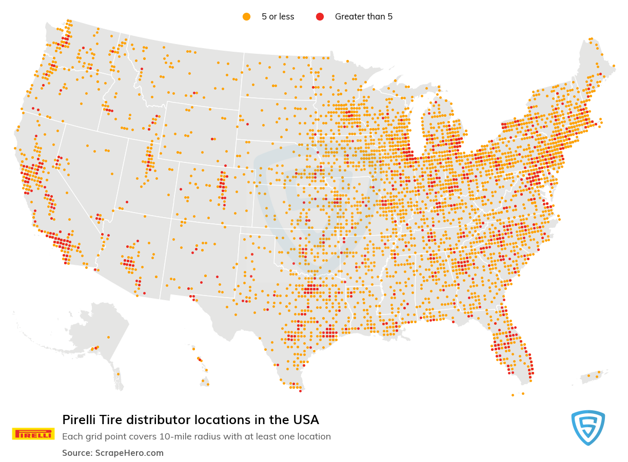 Map of Pirelli Tire distributors in the United States