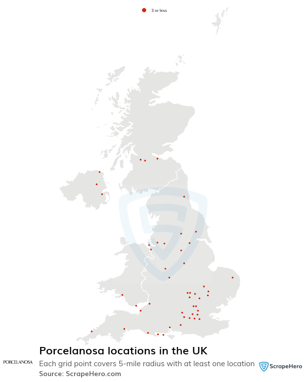 Map of Porcelanosa locations in the United Kingdom