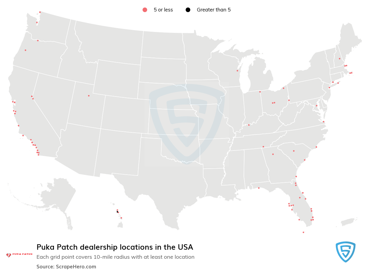 Map of Puka Patch dealerships in the United States