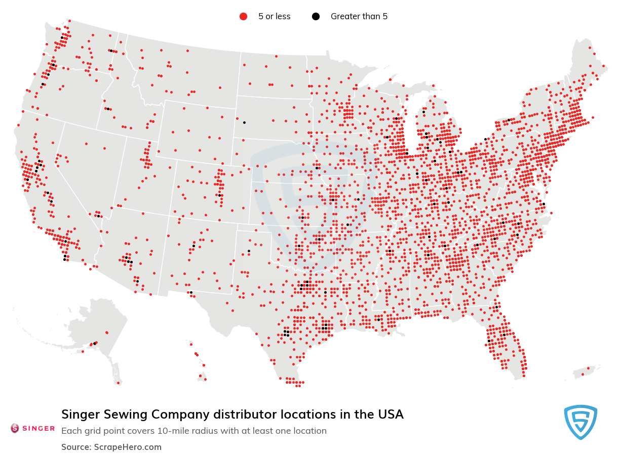 Map of Singer Sewing Company distributors in the United States