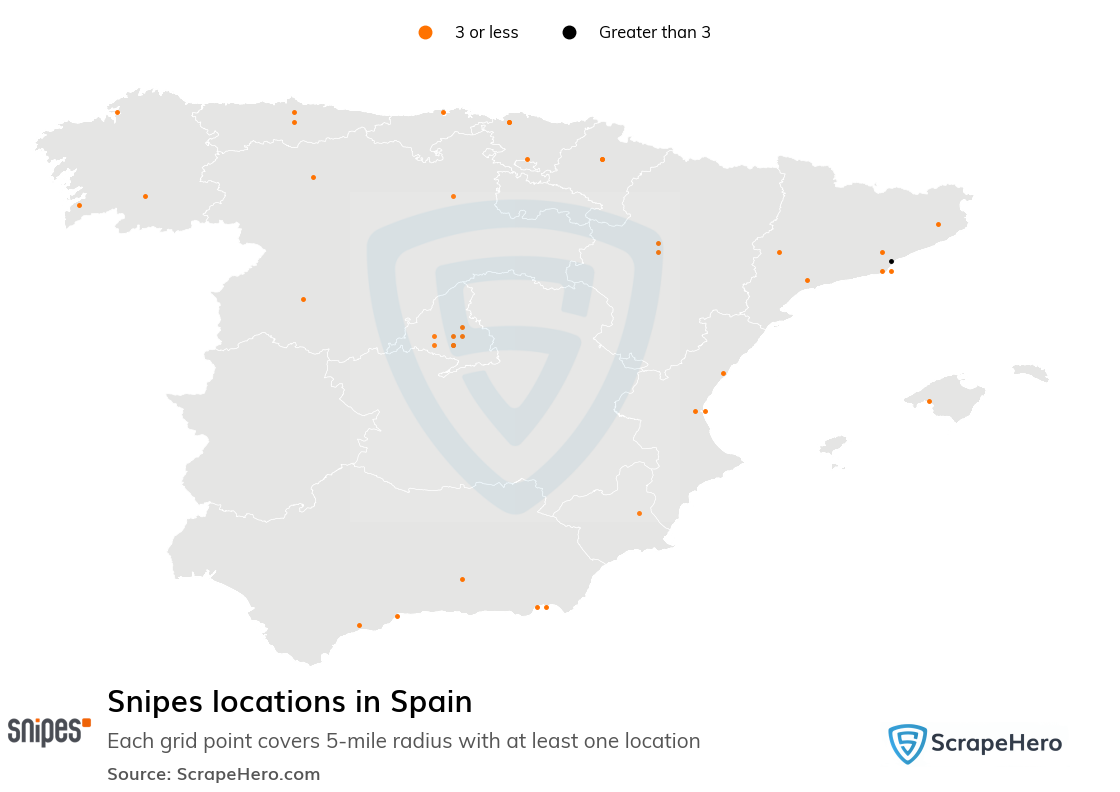 Map of Snipes locations in Spain