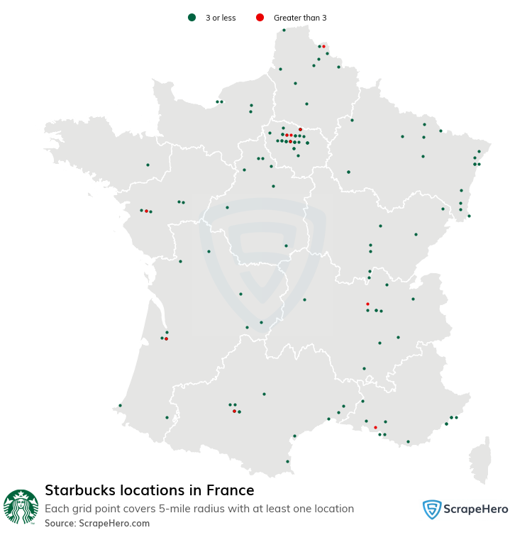 Map of Starbucks stores in France