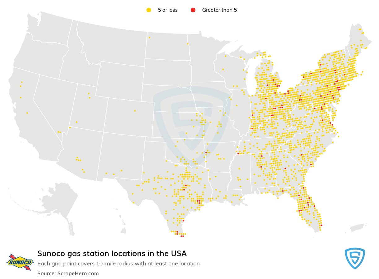 Map of Sunoco gas stations in the United States