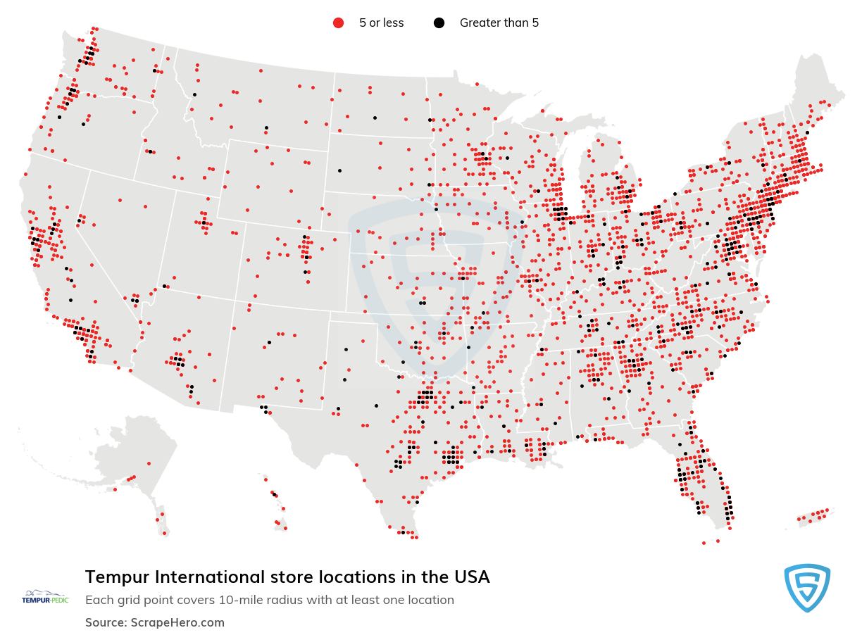 Map of Tempur International stores in the United States