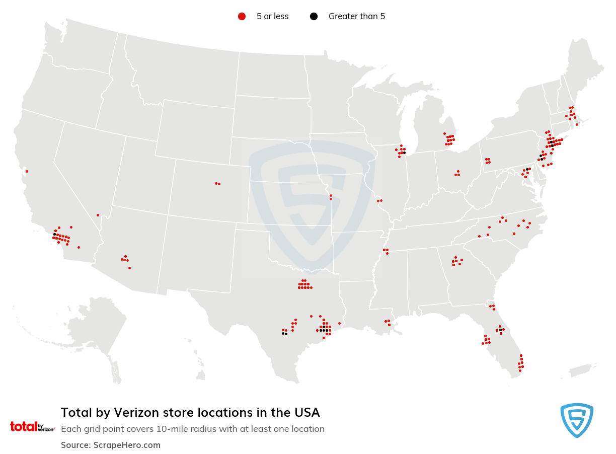 Map of Total by Verizon stores in the United States