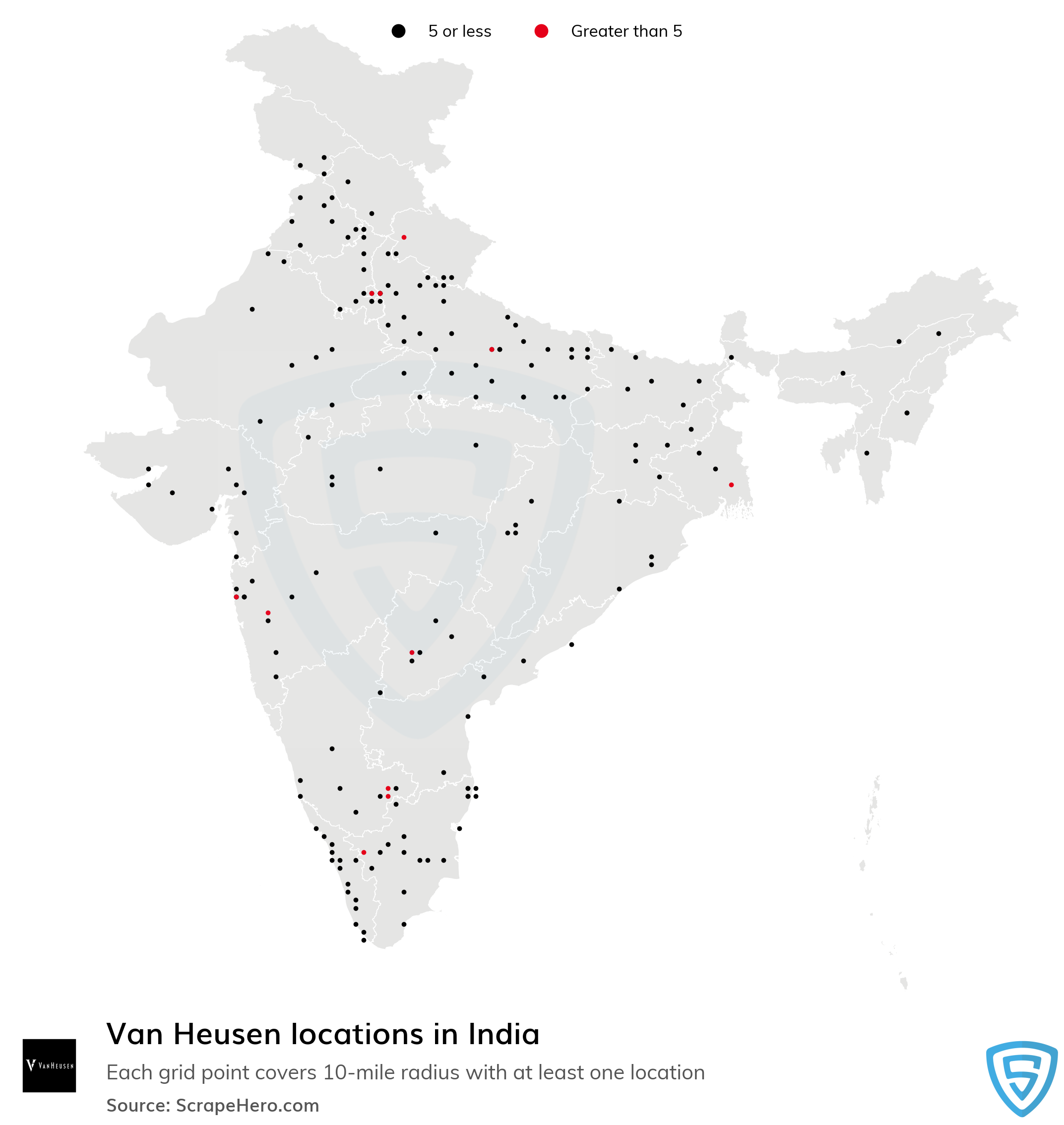 Number of Van Heusen locations in India in 2023