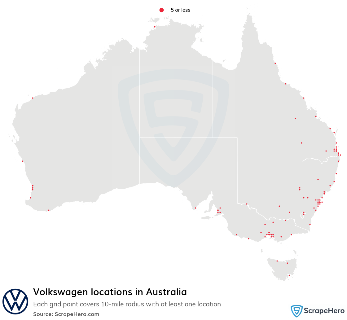 Map of Volkswagen locations in Australia