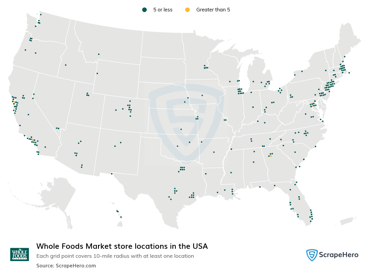Number of Whole Foods Market locations in the USA in 2024 ScrapeHero