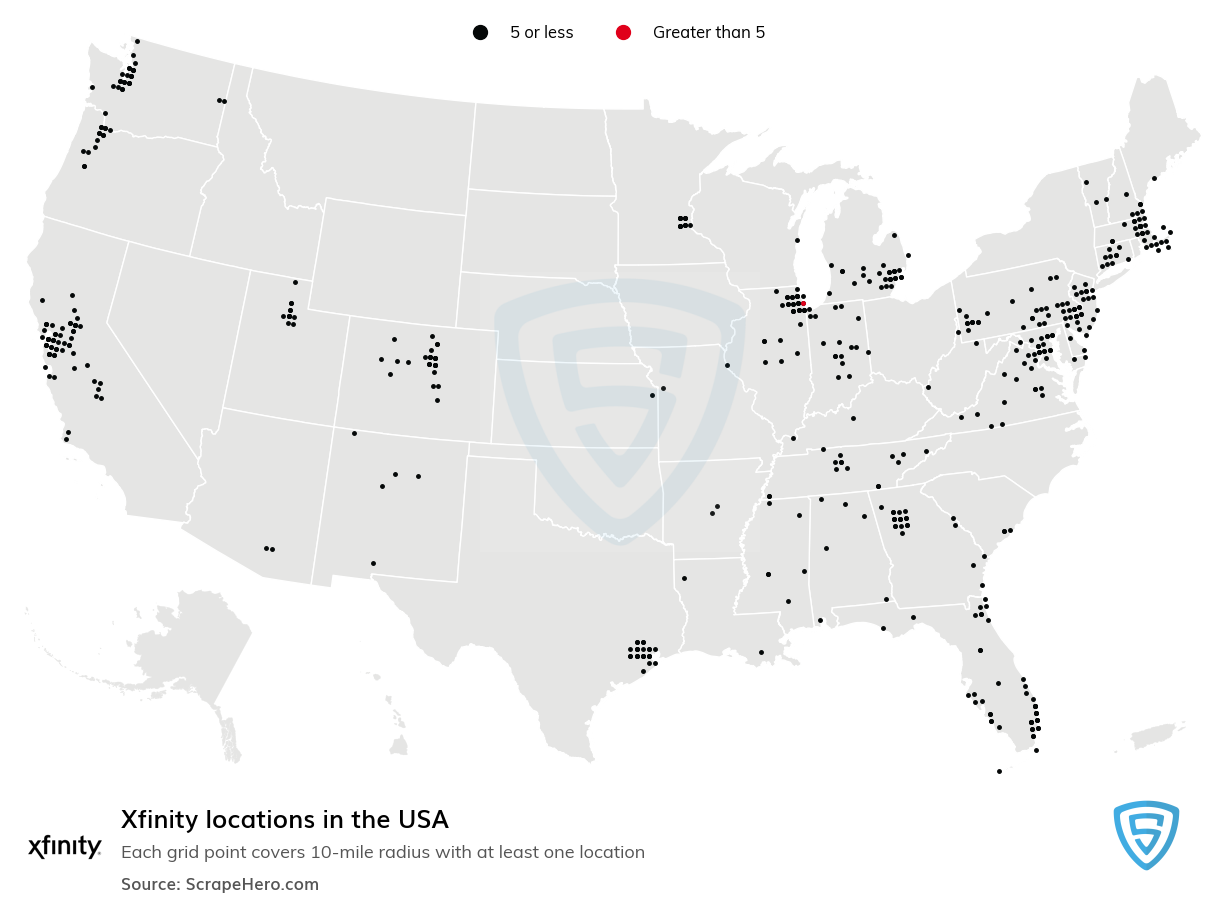 Map of Xfinity locations in the United States