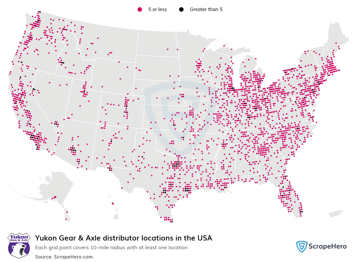 Map of Yukon Gear & Axle distributors in the United States