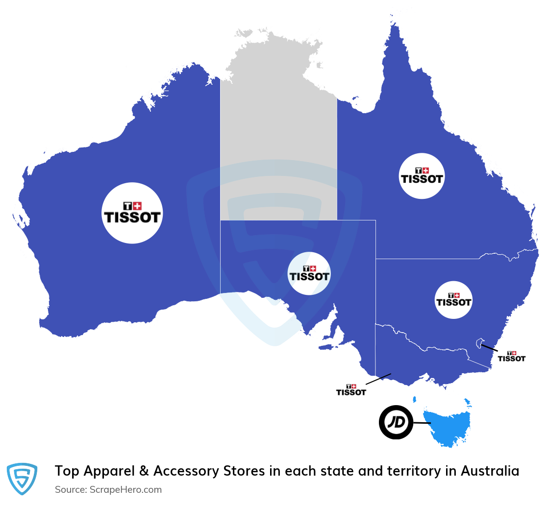 Map of top apparel & accessory stores in each state and territory in Australia in 2024