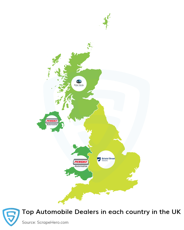 Map of top automobile dealers in each country in the United Kingdom in 2024