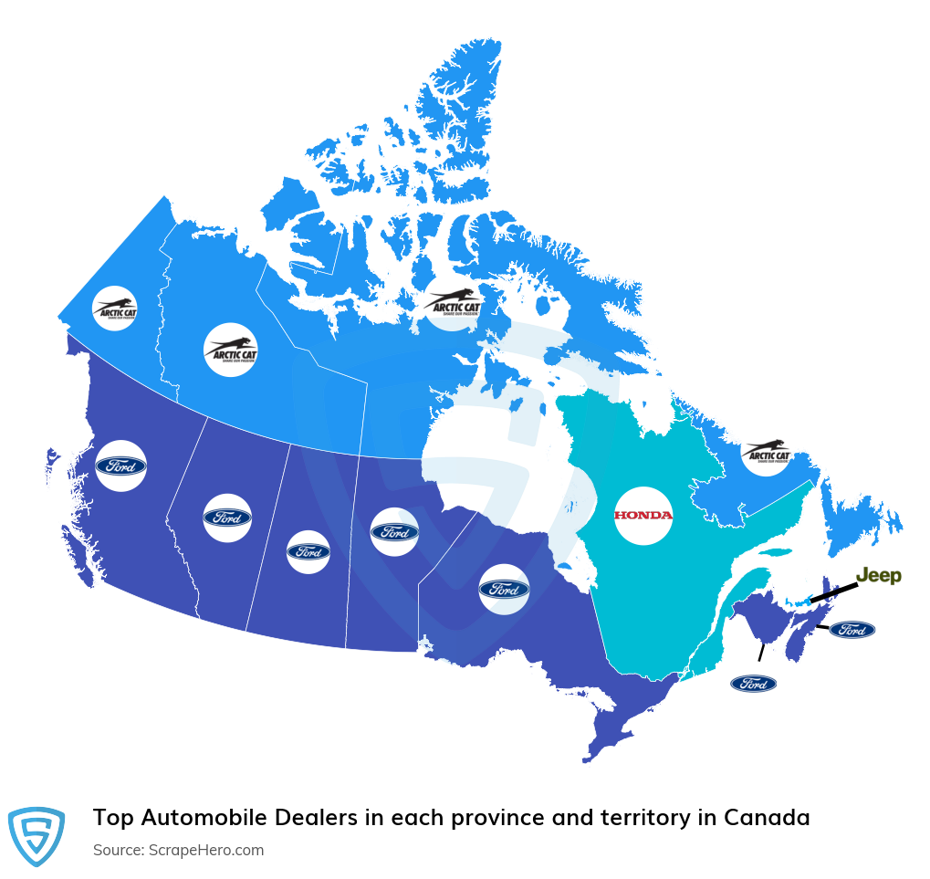 Map of top automobile dealers in each province and territory in Canada in 2024
