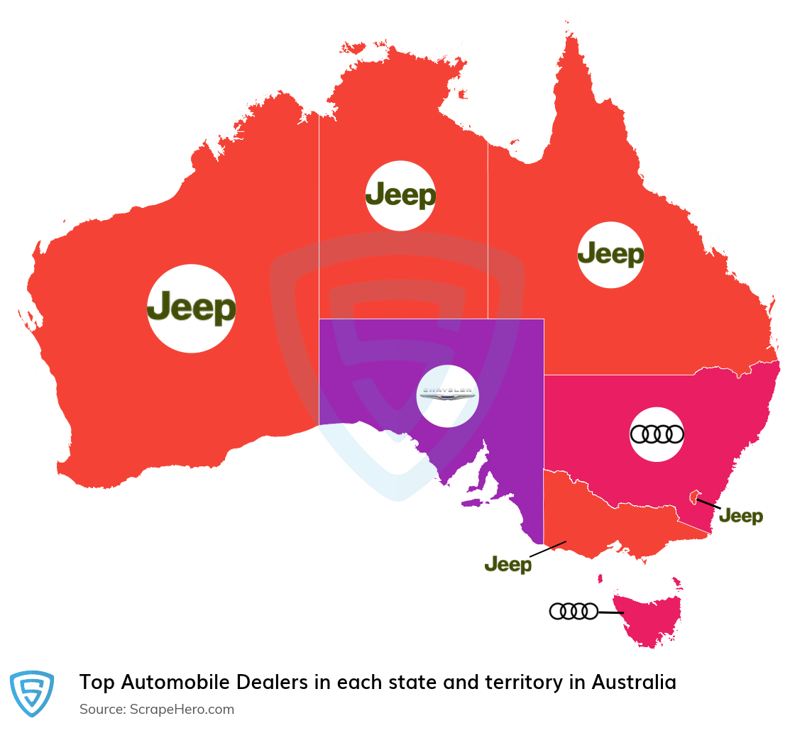 Map of top automobile dealers in each state and territory in Australia in 2024