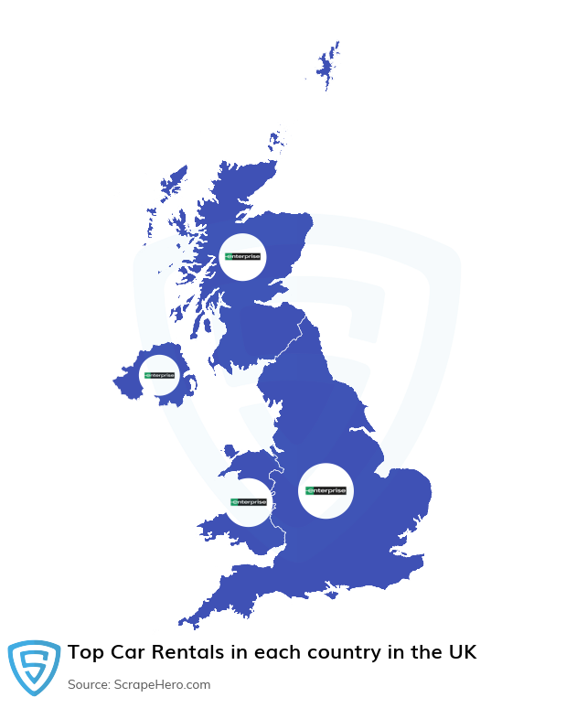 Map of top car rentals in each country in the United Kingdom in 2024