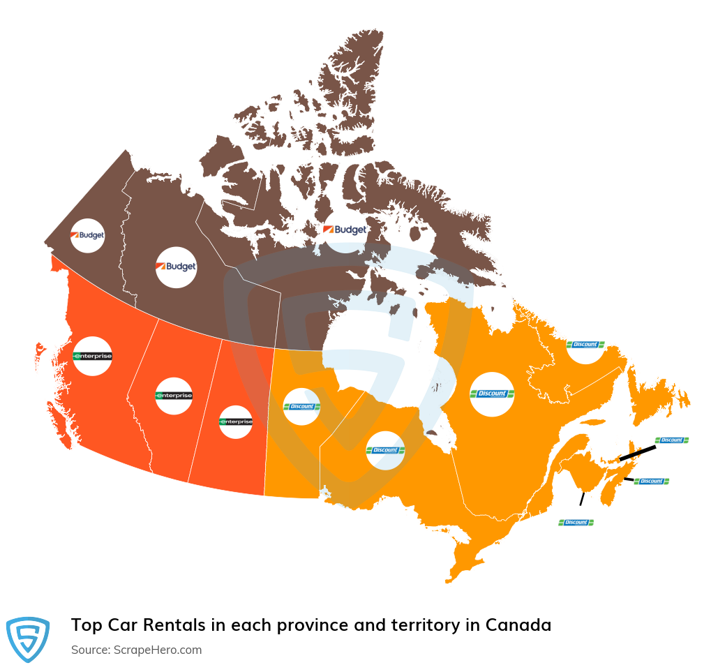 Map of top car rentals in each province and territory in Canada in 2024