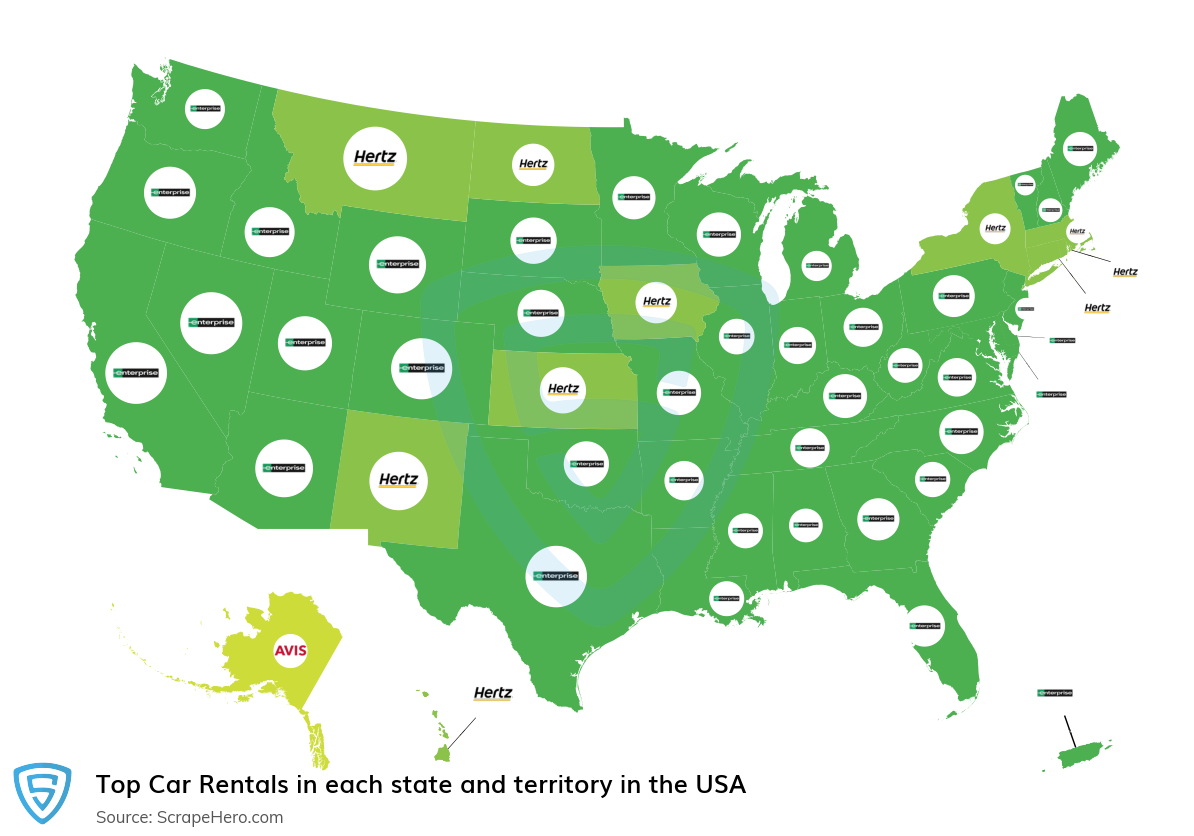 Map of largest car rentals in each state and territory in the United States in 2024