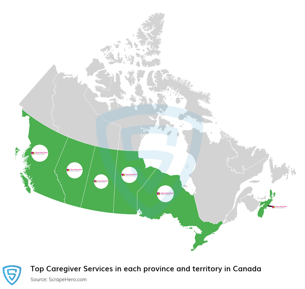 Map of top caregiver services in each province and territory in Canada in 2024