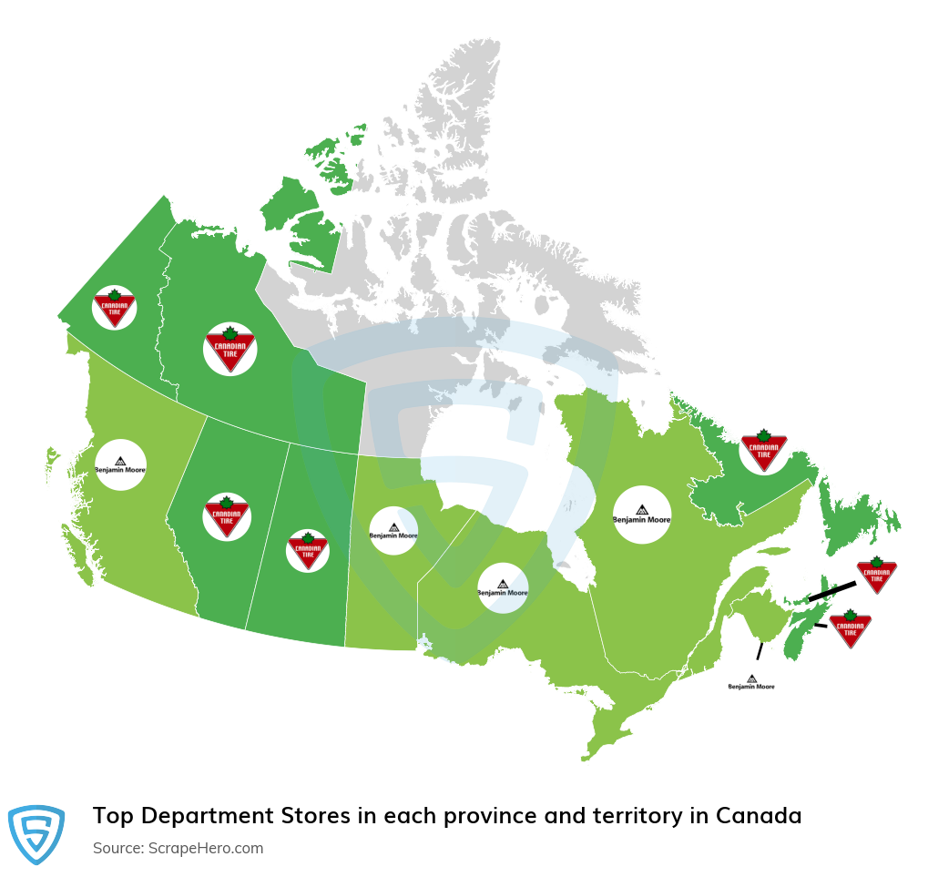Map of top department stores in each province and territory in Canada in 2024