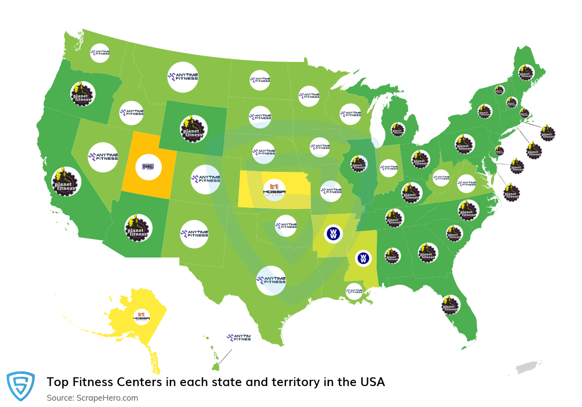 Map of top fitness centers in each state and territory in the United States in 2024