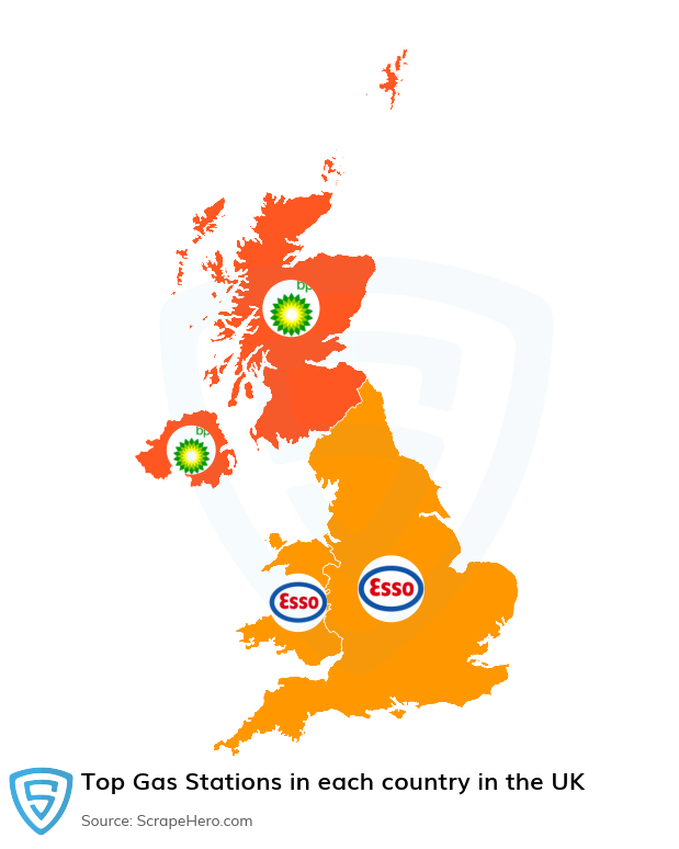 Map of top gas stations in each country in the United Kingdom in 2024