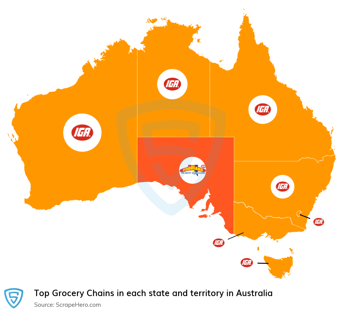 Map of top grocery chains in each state and territory in Australia in 2024