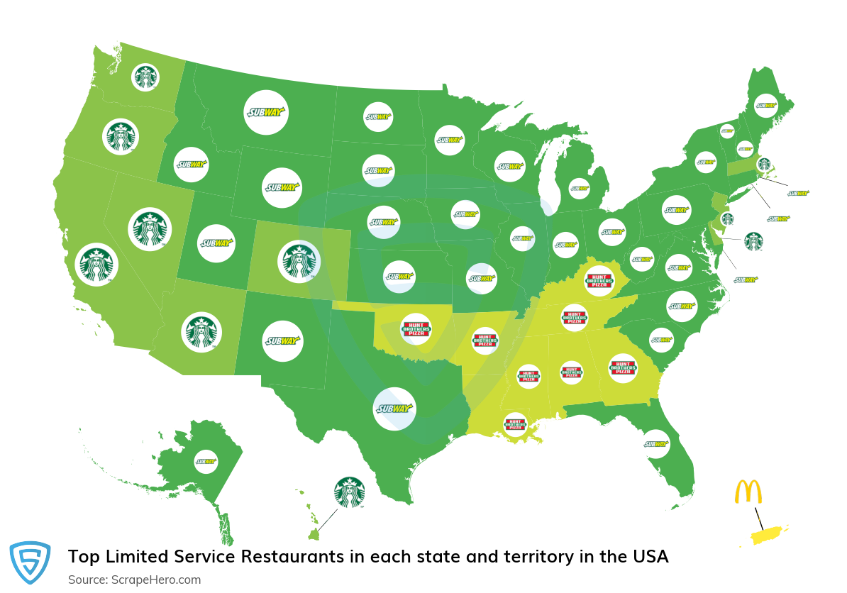 Map of top limited service restaurants in each state and territory in the United States in 2024