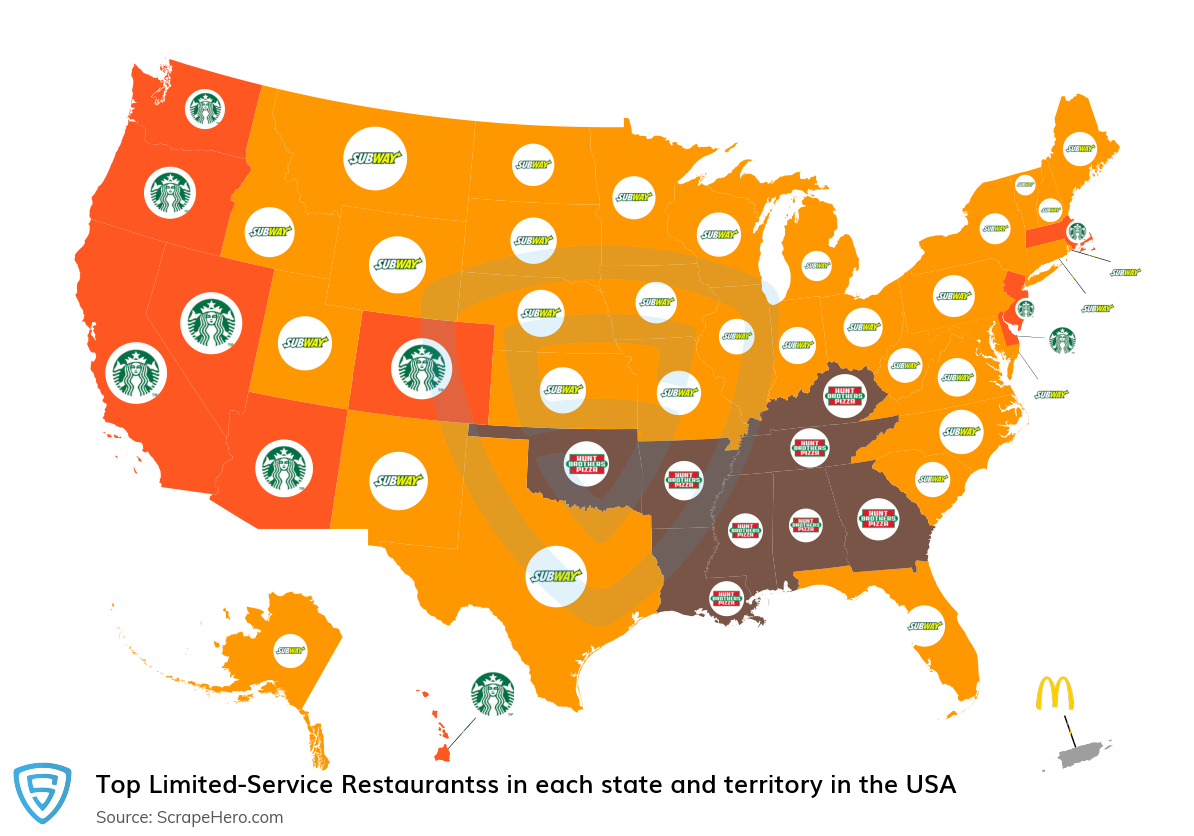 Map of top limited-service restaurantss in each state and territory in the United States in 2024