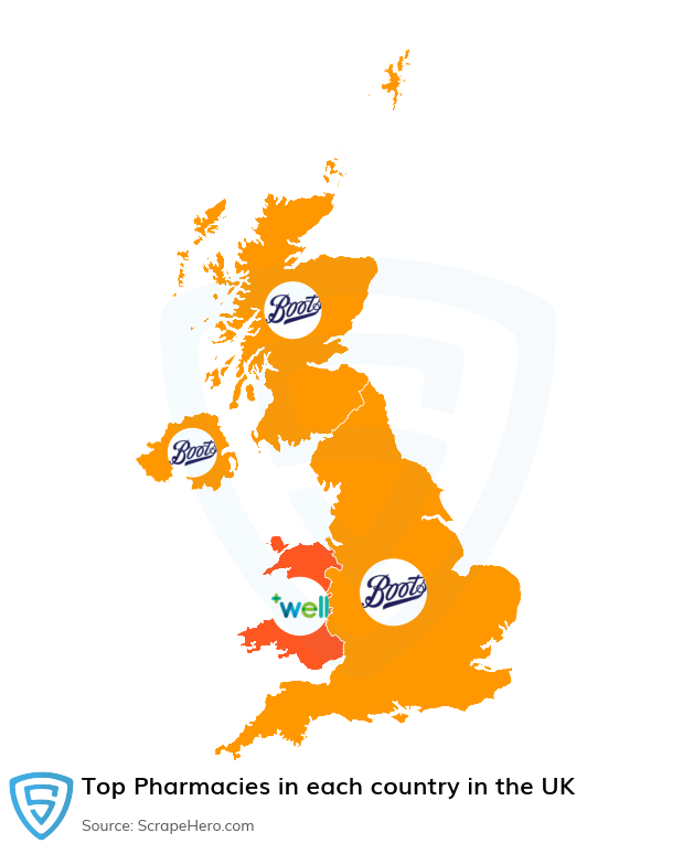 Map of largest pharmacies in each country in the United Kingdom in 2024