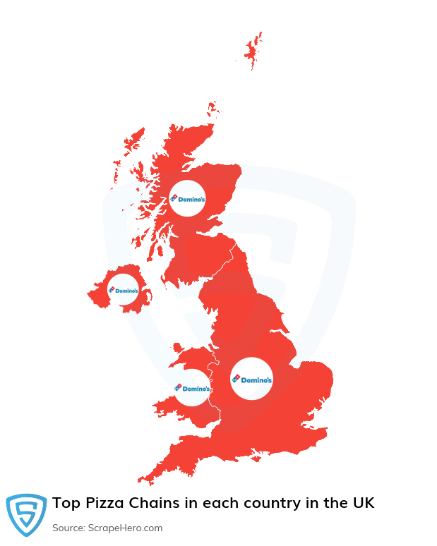 Map of largest pizza chains in each country in the United Kingdom in 2024