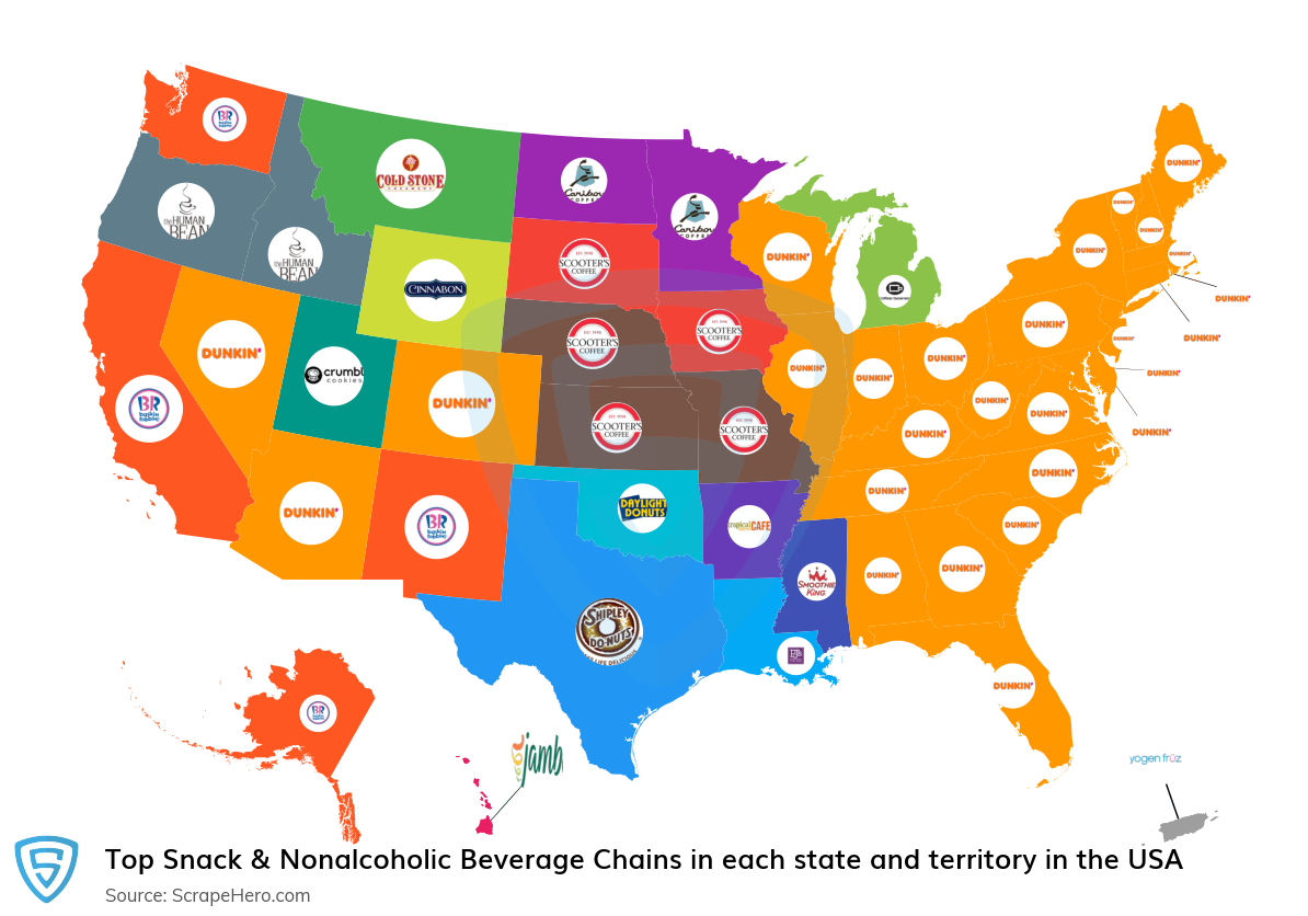 Map of top snack & nonalcoholic beverage chains in each state and territory in the United States in 2024