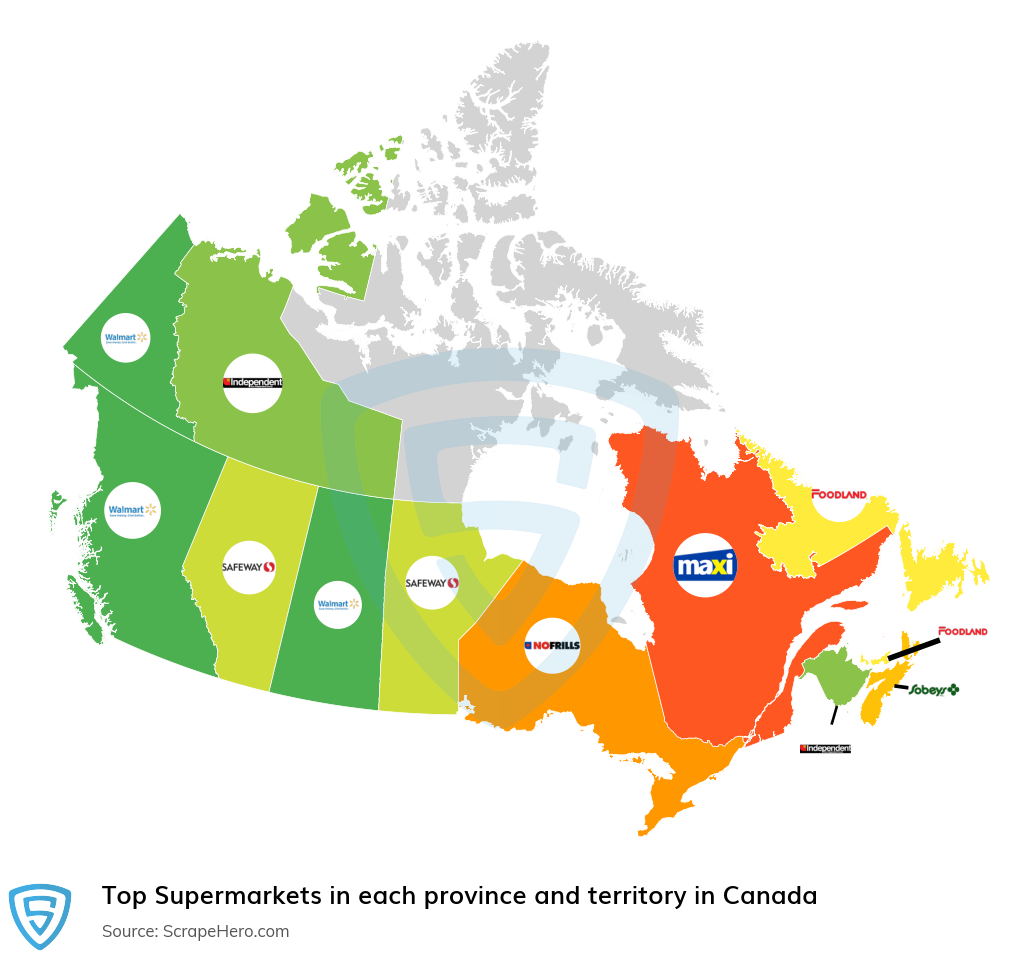 Map of top supermarkets in each province and territory in Canada in 2024