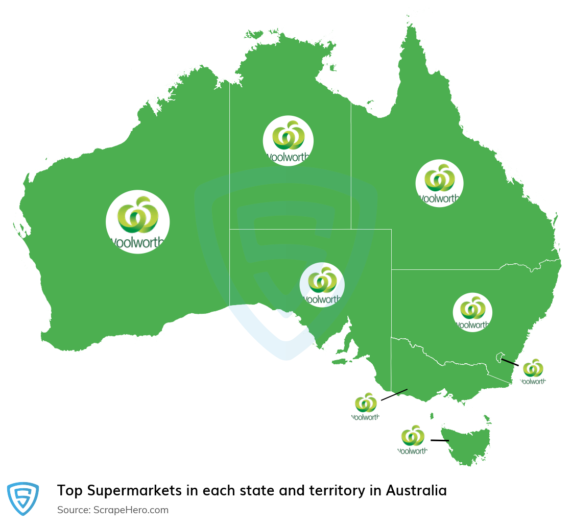 Map of top supermarkets in each state and territory in Australia in 2024