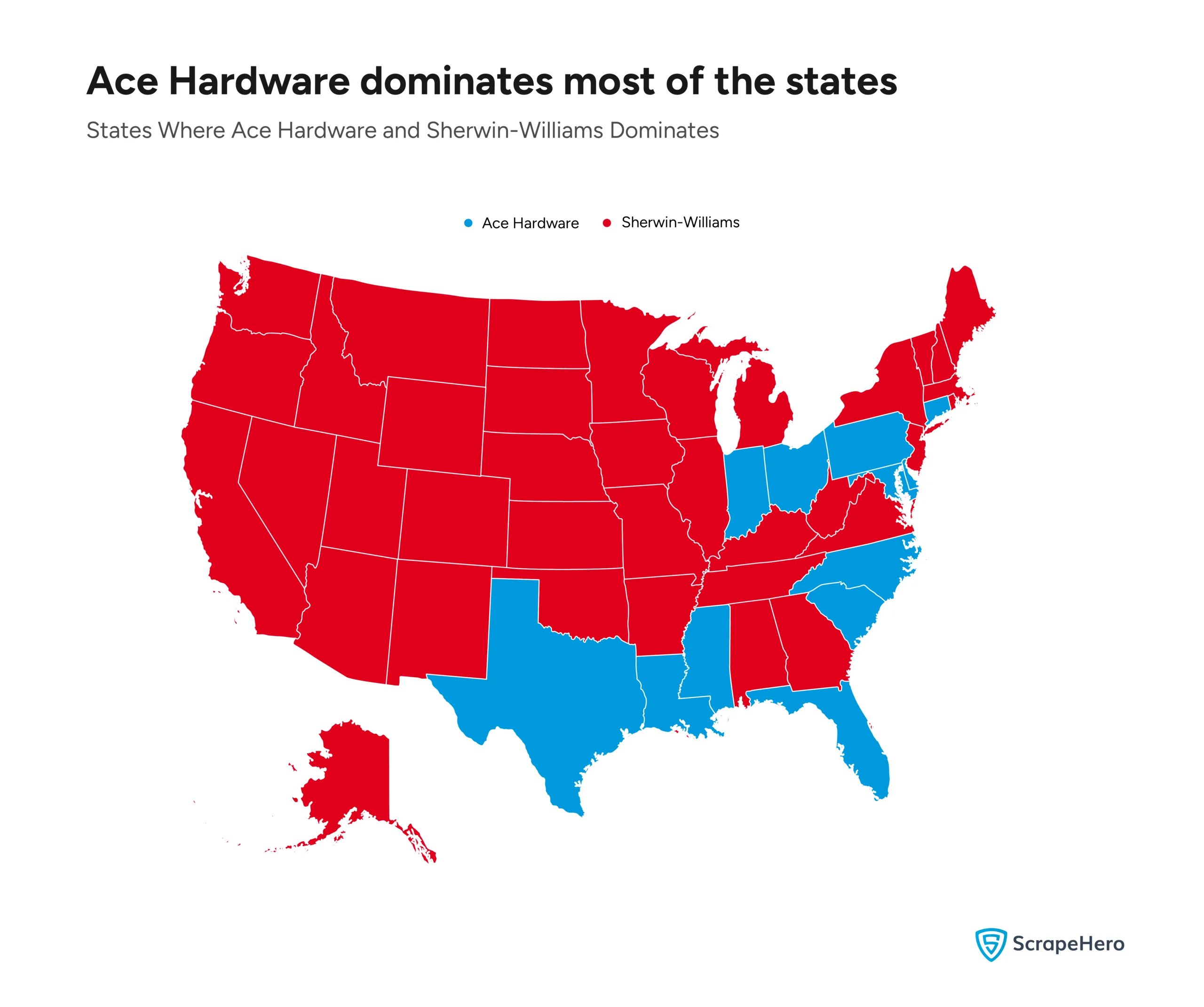 A map comparing the states where Ace Hardware and Sherwin-Williams have the most number of stores. 