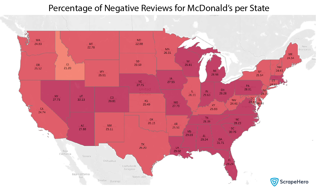 Fast Food Chains in the US: state-wise distribution of negative reviews for McDonald's
