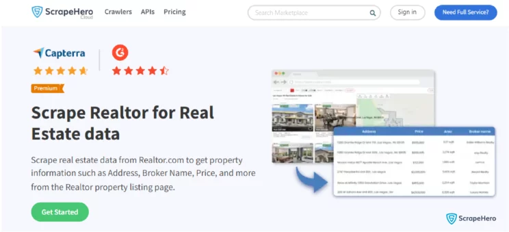 home page of ScrapeHero Realtor real estate scraper. The best web scraping tools for real estate data